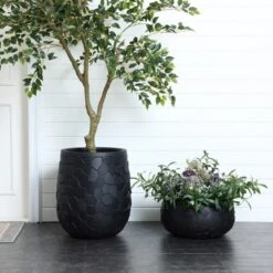 LuxenHome Round Black Geometric Planter – Indoor/Outdoor MgO Pot With Drainage Plug -LuxenHome GUEST 3c42deda 333c 4339 a8be 5a6658524719