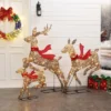 LuxenHome 3-Piece Natural And Plastic Rattan Running Reindeer Holiday Decoration Set With Lights Brown