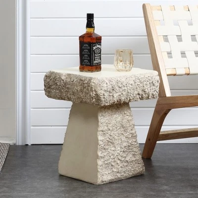 LuxenHome Outdoor Side Table, 18" Rock Square Cement Side Table For Patio, Small Concrete Accent End Table For Balcony, Garden Stool Off-White 2 LuxenHome Outdoor Side Table, 18" Rock Square Cement Side Table For Patio, Small Concrete Accent End Table For Balcony, Garden Stool Off-White - Image 2