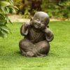 LuxenHome 14.17" Weathered Brown MgO Happy Buddha Monk Garden Statue
