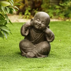 LuxenHome 14.17" Weathered Brown MgO Happy Buddha Monk Garden Statue