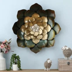 LuxenHome Green, Gold, And White Metal Flower Wall Decor 11 LuxenHome Green, Gold, And White Metal Flower Wall Decor -LuxenHome GUEST 414400b8 64e6 4f9a abb2 701c821234b4