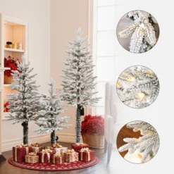 LuxenHome 3-Piece Holiday Artificial Tree Sets With Lights And Flat Stand Green