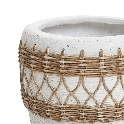LuxenHome Boho MgO Planter – White Round Pot With Brown Accents & Drainage Hole 6 LuxenHome Boho MgO Planter – White Round Pot With Brown Accents & Drainage Hole - Image 6