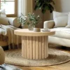 LuxenHome Brown Wood Fluted Round Coffee Table, 23.6" Wide Modern End Table For Living Room Round Wood Accent Table Bedroom Office