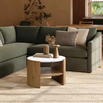 LuxenHome Natural Finish Manufactured Wood 23.6-Inch Round Coffee Table With Faux Marble Top Brown 1 LuxenHome Natural Finish Manufactured Wood 23.6-Inch Round Coffee Table With Faux Marble Top Brown