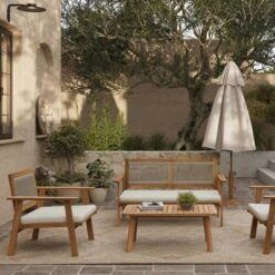 LuxenHome Outdoor Acacia Wood Rope Back 4-Piece Patio Seating With Cushions And Coffee Table Set -LuxenHome GUEST 47b6e894 4346 42b6 8d6d 0fc2c01b907c