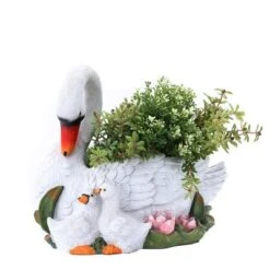 LuxenHome White Resin Swan Family Planter -LuxenHome GUEST 47d239b3 24fd 4d4b bb9d 3590b31ac639