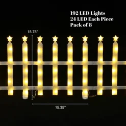 LuxenHome 8-Piece Light Show Star-Topped Fence Design Outdoor Decoration White