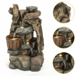 LuxenHome Resin Stacked Rock Wall And Barrel Outdoor Fountain With Lights Brown -LuxenHome GUEST 49ec9a67 f447 4034 8794 8ab56011b70c