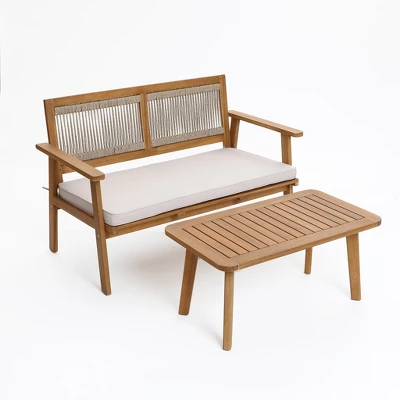 LuxenHome Outdoor Acacia Wood Rope Back Loveseat With Cushions And Coffee Table Set 11 LuxenHome Outdoor Acacia Wood Rope Back Loveseat With Cushions And Coffee Table Set - Image 11