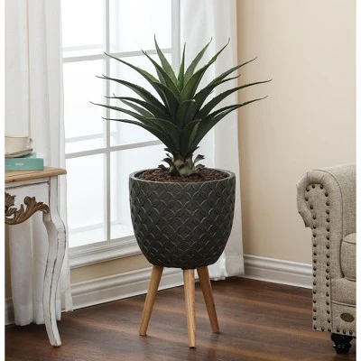 LuxenHome Butterfly Embossed Brown 14.7" Round MgO Planter With Wood Legs 1 LuxenHome Butterfly Embossed Brown 14.7" Round MgO Planter With Wood Legs