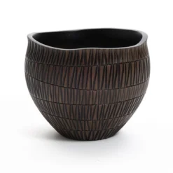 LuxenHome Brown With Black V-Pattern Polyresin 10-Inch Round Planter -LuxenHome GUEST 4d657394 4ec6 43c1 a2bc 607fe88a7212
