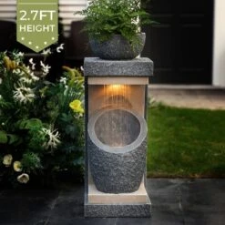 LuxenHome 32" H Resin Bowl Sculpture Outdoor And Indoor Resin Cascading Water Fountains Indoor With LED Lights Garden Decor Waterfall Gray -LuxenHome GUEST 4db80bb4 7139 4c8a bf7a ef38119af474