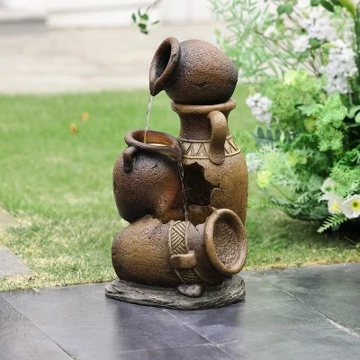 LuxenHome Brown Urns Resin Outdoor Fountain With Lights 4 LuxenHome Brown Urns Resin Outdoor Fountain With Lights - Image 4