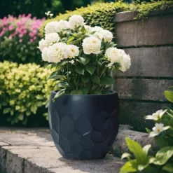 LuxenHome 14.6" Round Geometric Planter, Magnesium Oxide Indoor/Outdoor Pot
