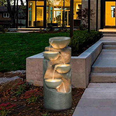 LuxenHome Modern Gray Cement Tiered Bowls Outdoor Fountain With Lights 4 LuxenHome Modern Gray Cement Tiered Bowls Outdoor Fountain With Lights - Image 4