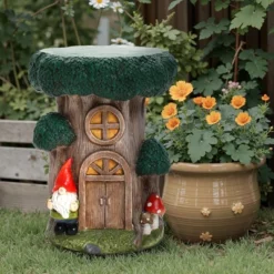 LuxenHome Outdoor Side Table, 17" Green Gnome Tree Stump Cement End Table,Indoor And Outdoor Sculpture Accent Side Table,Garden Decor Stool -LuxenHome GUEST 5063b0f2 2dc1 412b a69b aaee360fced8