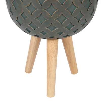 LuxenHome Butterfly Embossed Brown 12.25" Round MgO Planter With Wood Legs 3 LuxenHome Butterfly Embossed Brown 12.25" Round MgO Planter With Wood Legs - Image 3