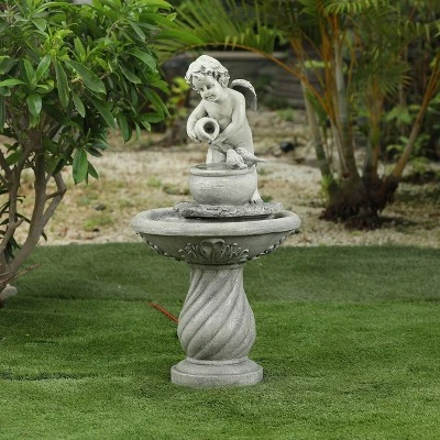 LuxenHome Gray Resin Cherub Birdbath Outdoor Fountain 1 LuxenHome Gray Resin Cherub Birdbath Outdoor Fountain