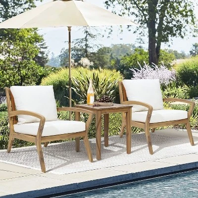 LuxenHome Outdoor Acacia Wood Side Table And Set Of 2 Armchairs With White Cushions 2 LuxenHome Outdoor Acacia Wood Side Table And Set Of 2 Armchairs With White Cushions - Image 2