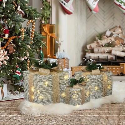 LuxenHome 3-Pc Lighted Silver Tinsel Gift Box Set With Champagne Ribbon, Outdoor Holiday Decoration Silver, Champagne, Green 5 LuxenHome 3-Pc Lighted Silver Tinsel Gift Box Set With Champagne Ribbon, Outdoor Holiday Decoration Silver, Champagne, Green - Image 5