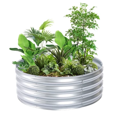 LuxenHome 36in Round Galvanized Steel Raised Garden Bed Planter 3 LuxenHome 36in Round Galvanized Steel Raised Garden Bed Planter - Image 3