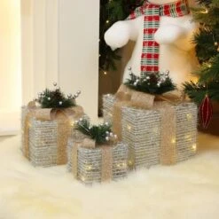 LuxenHome 3-Pc Lighted Silver Tinsel Gift Box Set With Champagne Ribbon, Outdoor Holiday Decoration Silver, Champagne, Green 11 LuxenHome 3-Pc Lighted Silver Tinsel Gift Box Set With Champagne Ribbon, Outdoor Holiday Decoration Silver, Champagne, Green -LuxenHome GUEST 57875756 2213 4d03 a7db 309a1fbb0a5f