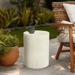 LuxenHome White And Speckled Gray Cement Round Indoor Outdoor Side Table -LuxenHome GUEST 57d36607 f722 4b86 98c9 61c71981676d