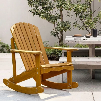 LuxenHome Natural Brown Wood Outdoor Adirondack Rocking Chair 1 LuxenHome Natural Brown Wood Outdoor Adirondack Rocking Chair
