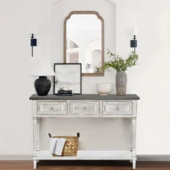 LuxenHome Distressed White Wood And Metal 3-Drawer 1-Shelf Console And Entry Table -LuxenHome GUEST 5a11c4ee 96e8 4568 9df4 7eb523899e28