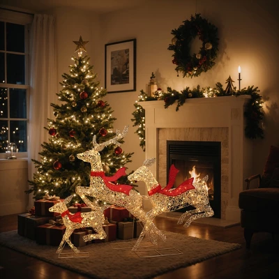 LuxenHome 3-Piece Champagne Gold PET Running Deer Family Outdoor Holiday Decoration With Lights Brown, Red 5 LuxenHome 3-Piece Champagne Gold PET Running Deer Family Outdoor Holiday Decoration With Lights Brown, Red - Image 5