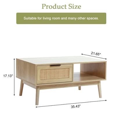 LuxenHome White Oak Finish Wood And Rattan Coffee Table Brown 2 LuxenHome White Oak Finish Wood And Rattan Coffee Table Brown - Image 2