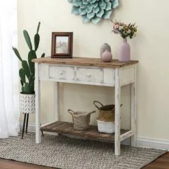 LuxenHome Distressed White And Wood 2-Drawer 1-Shelf Console Table And Entry Table -LuxenHome GUEST 5c2f15e7 46a5 4c65 8b61 785838419d28