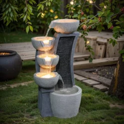 LuxenHome 26" Modern Outdoor Water Fountain With Planter And Lights, Resin Cascading Bowl Garden Waterfall Indoor And Outdoor Use Gray