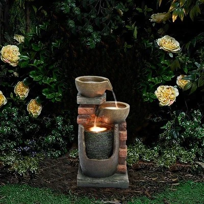 LuxenHome 23" H Bowls And Bricks Resin Outdoor Fountain With Lights Brown 6 LuxenHome 23" H Bowls And Bricks Resin Outdoor Fountain With Lights Brown - Image 6