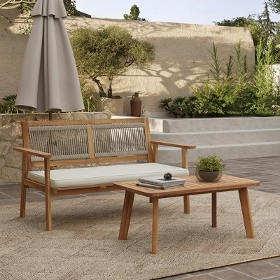 LuxenHome Outdoor Acacia Wood Rope Back Loveseat With Cushions And Coffee Table Set 1 LuxenHome Outdoor Acacia Wood Rope Back Loveseat With Cushions And Coffee Table Set