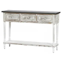 LuxenHome Distressed White Wood And Metal 3-Drawer 1-Shelf Console And Entry Table -LuxenHome GUEST 5f784b9e 5fc0 4d59 9ce2 1509ecb2ed5f