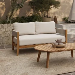 LuxenHome Outdoor Acacia Wood With Rope Sides Club Loveseat With Cushions And Coffee Table -LuxenHome GUEST 607944f5 f4c9 41cc 9332 92950170e052