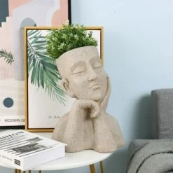 LuxenHome Speckled Beige MgO Thoughtful Bust Head Planter -LuxenHome GUEST 60d388c4 e076 49cd 9a00 23eab34c18c1