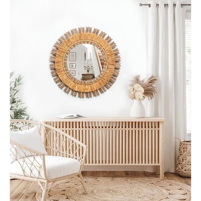 LuxenHome 24" Round Boho Style Raffia Accent Wall Mirror Wall Decor Home Decor 4 LuxenHome 24" Round Boho Style Raffia Accent Wall Mirror Wall Decor Home Decor - Image 4