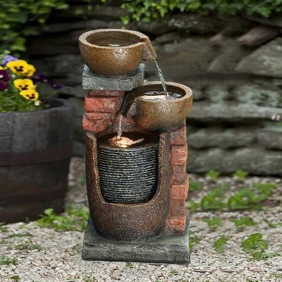 LuxenHome 23" H Bowls And Bricks Resin Outdoor Fountain With Lights Brown 1 LuxenHome 23" H Bowls And Bricks Resin Outdoor Fountain With Lights Brown