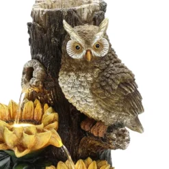 LuxenHome 28 Inch Outdoor Water Fountain, Owl And Sunflower Cascading Waterfall Fountain Outdoor And Indoor With LED Lights Brown -LuxenHome GUEST 62cbbb42 4017 49b6 a212 1fd50caefa0c