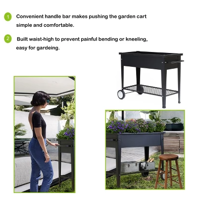 LuxenHome Black Mobile Metal Raised Garden Bed Planter Cart With Legs 5 LuxenHome Black Mobile Metal Raised Garden Bed Planter Cart With Legs - Image 5