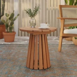 LuxenHome Outdoor Side Table, 17'' Natural Solid Wood Round Accent End Table, Modern Coffee Porch Tables For Indoor Outdoor, Plant Stand Brown