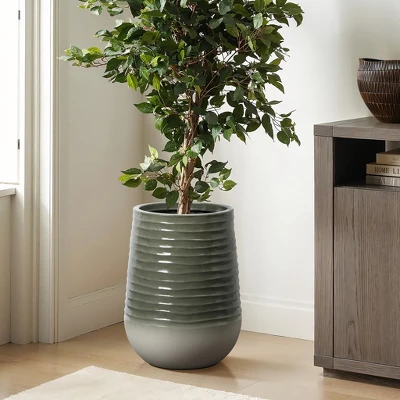 LuxenHome Decorative Resin Planter – Emerald Ribbed Top And Ivory Base With Drainage Hole 3 LuxenHome Decorative Resin Planter – Emerald Ribbed Top And Ivory Base With Drainage Hole - Image 3