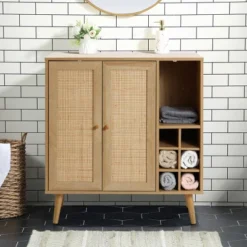 LuxenHome 35" Tall 2-Door Rattan Light Oak Finish Wood Wine And Storage Cabinet Brown -LuxenHome GUEST 6b704353 8f2a 4a75 acf4 3f4b32d4415f