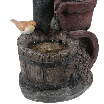 LuxenHome Resin Farmhouse Barrel And Water Pump Outdoor Fountain 6 LuxenHome Resin Farmhouse Barrel And Water Pump Outdoor Fountain - Image 6