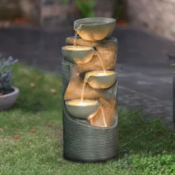 LuxenHome Modern Gray Cement Tiered Bowls Outdoor Fountain With Lights