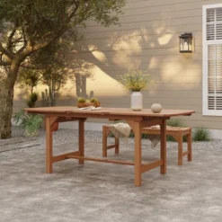 LuxenHome Natural Solid Wood 60"-78" Extending Rounded Rectangle Outdoor Dining Table Brown